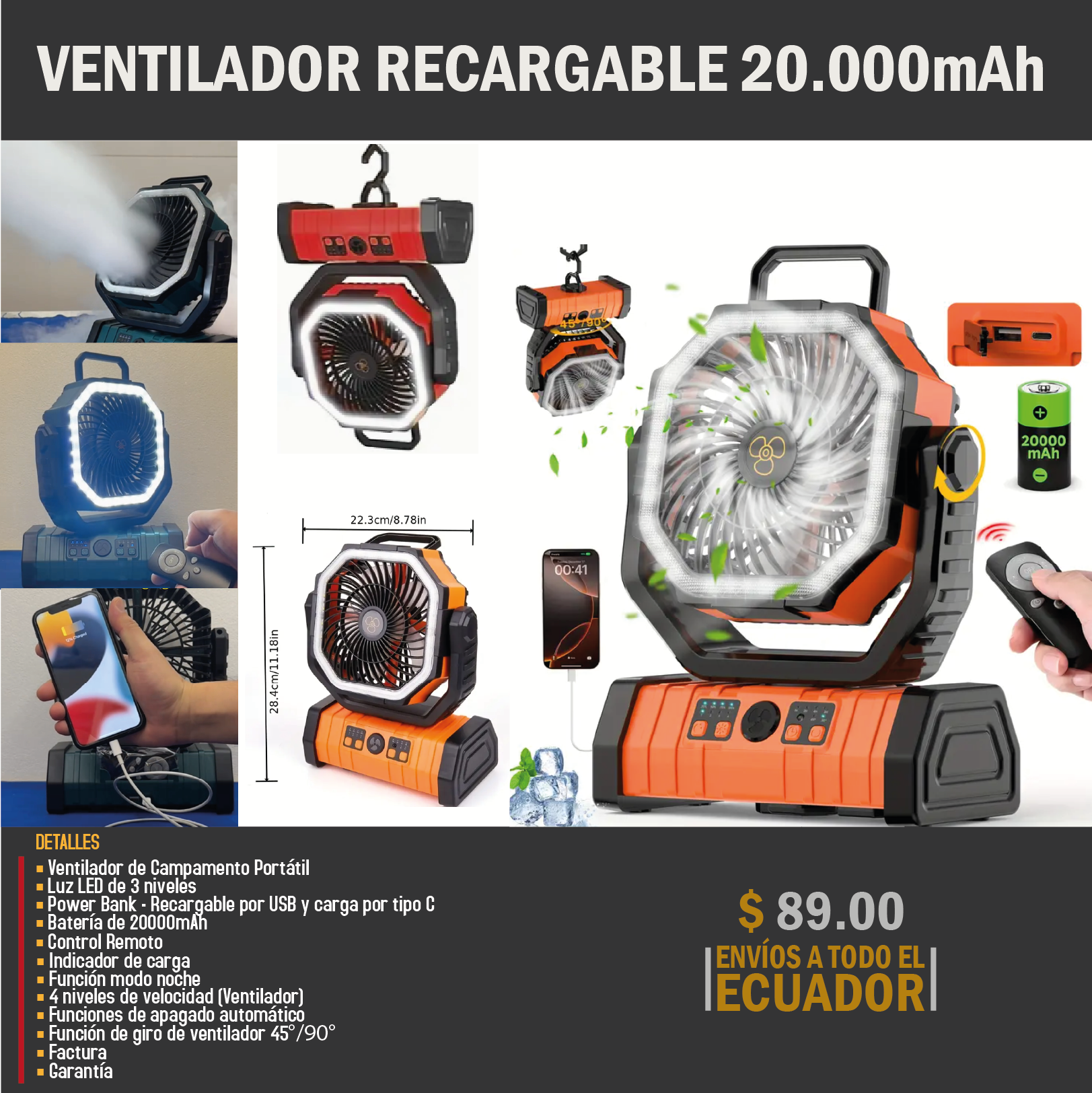 VENTILADOR DE CAMPAMENTO PORTATIL CON LUZ LED Y POWER BANK - RECARGABLE POR USB BATERIA DE 20000MAH CONTROL REMOTO USO INTERIOREXTERIOR